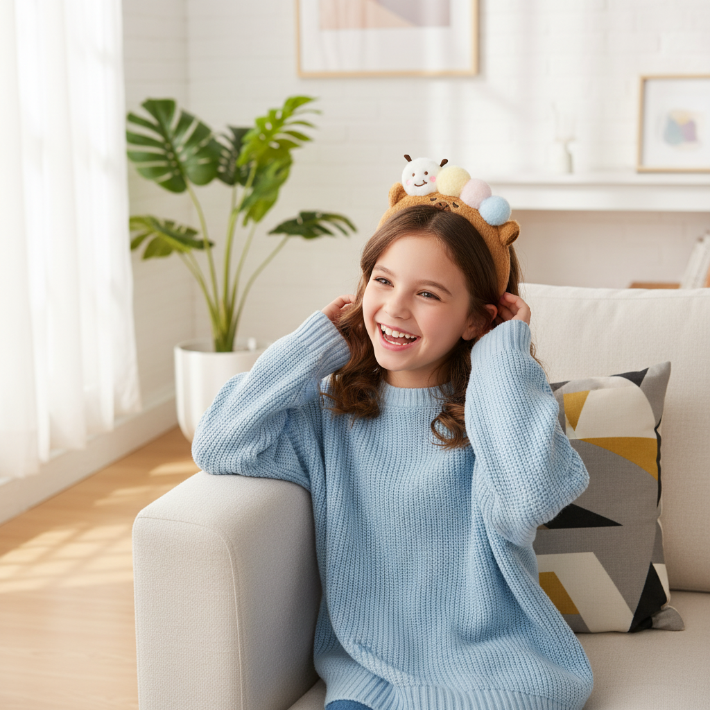 Plush Bear Headband with Pastel Pom-Poms